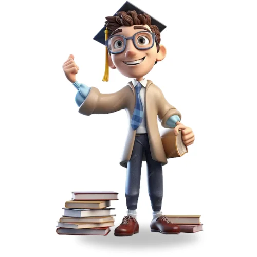 a boy standing with books haveing a scholarship hat