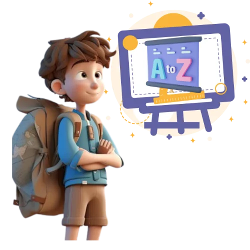 a boy stading with bagpack watching at the board